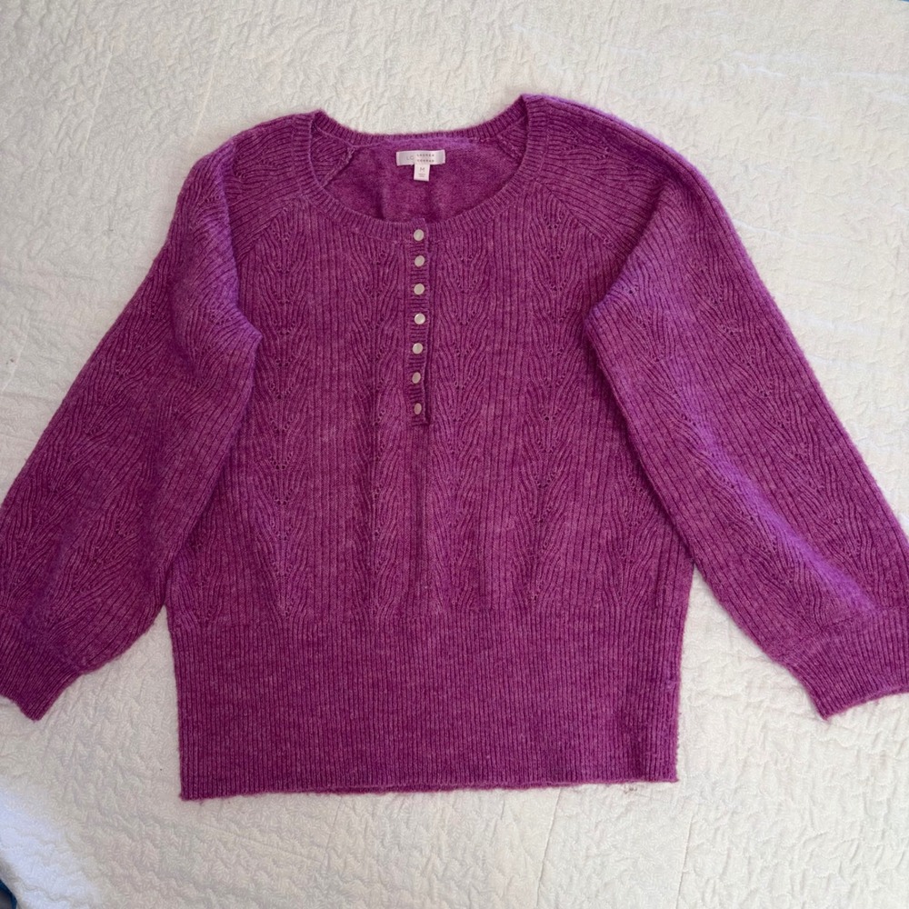 LC Lauren Conrad Magenta Purple Pointelle Henley Sweater Balloon 3/4 sleeve